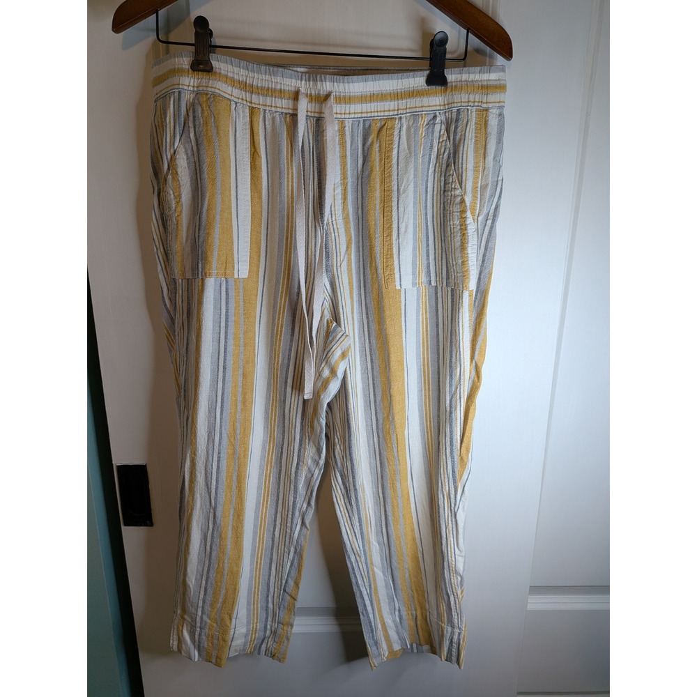 Land 'n Sea Women Yellow Grey Striped Linen Blend Drawstring Crop Pants Large
